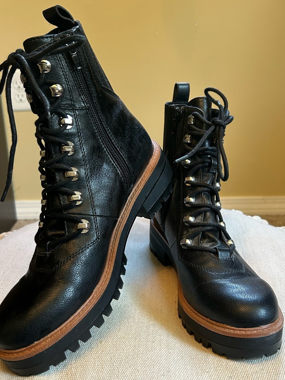 Nine West Black Leather Lace-Up Lug Boots with Brown Welt